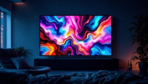 A photograph of a sleek led display showcasing vibrant visuals in a modern setting