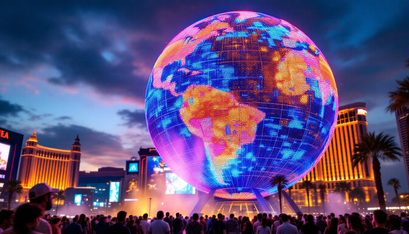 A photograph of capture a photograph of the globe in las vegas during the evening