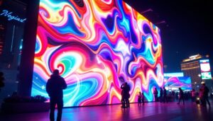 A photograph of a vibrant led display in las vegas at night