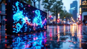 A photograph of a vibrant led outdoor display showcasing dynamic visuals in a rain-soaked environment