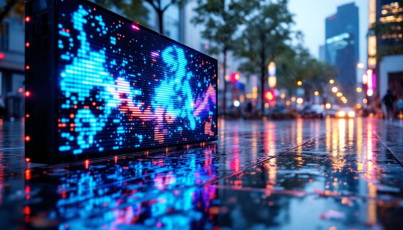 A photograph of a vibrant led outdoor display showcasing dynamic visuals in a rain-soaked environment