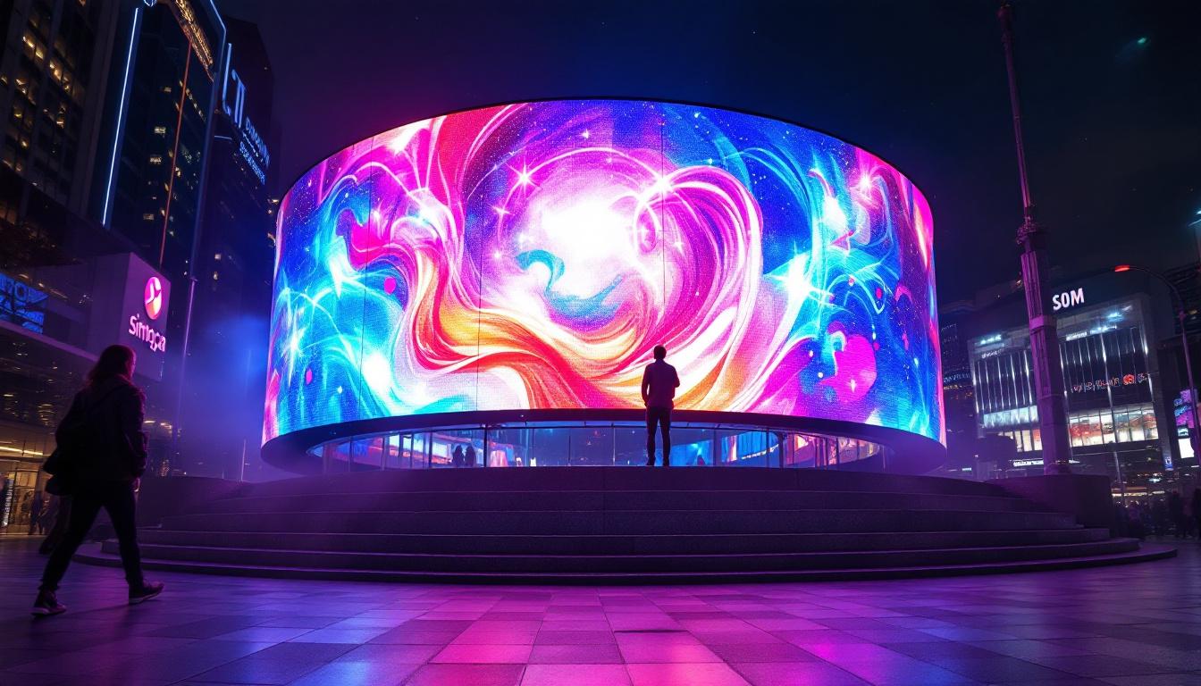 A photograph of a vibrant 360-degree led display in action