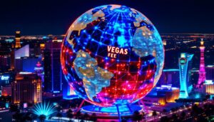 A photograph of the vegas eye sphere illuminated at night