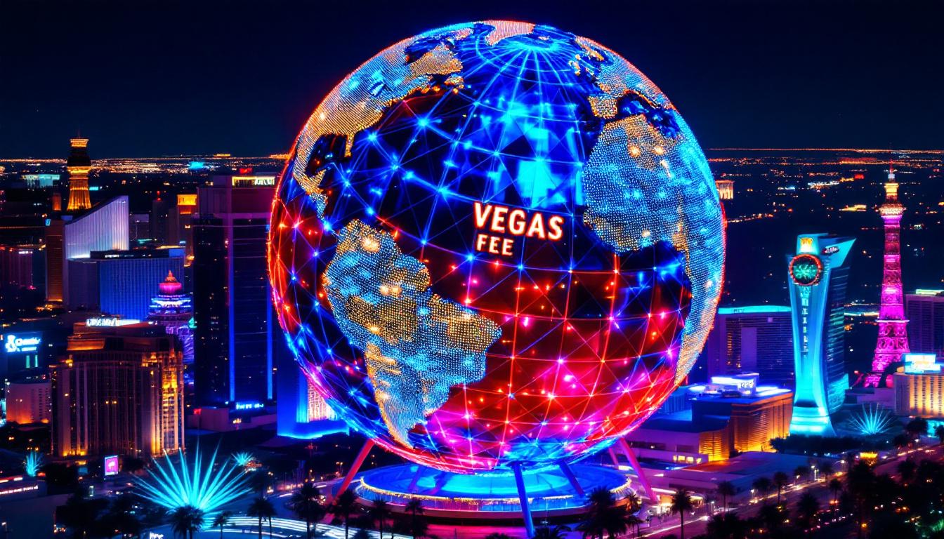 A photograph of the vegas eye sphere illuminated at night