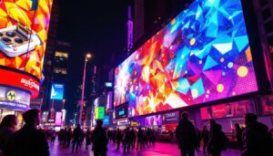 A photograph of a vibrant led display in a bustling urban environment