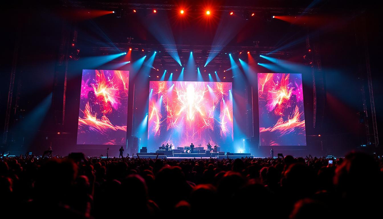 A photograph of capture a photograph of a vibrant concert stage featuring a high-resolution led display in action