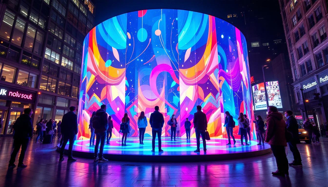 A photograph of a vibrant 360-degree led display in an urban setting