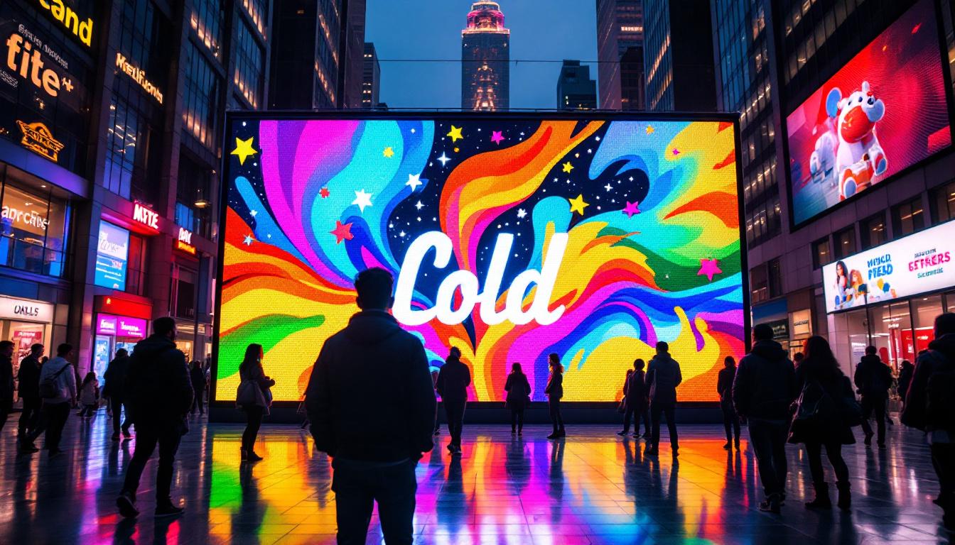 A photograph of a vibrant full-color led display in a dynamic urban setting