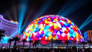 A photograph of the big dome in las vegas illuminated at night