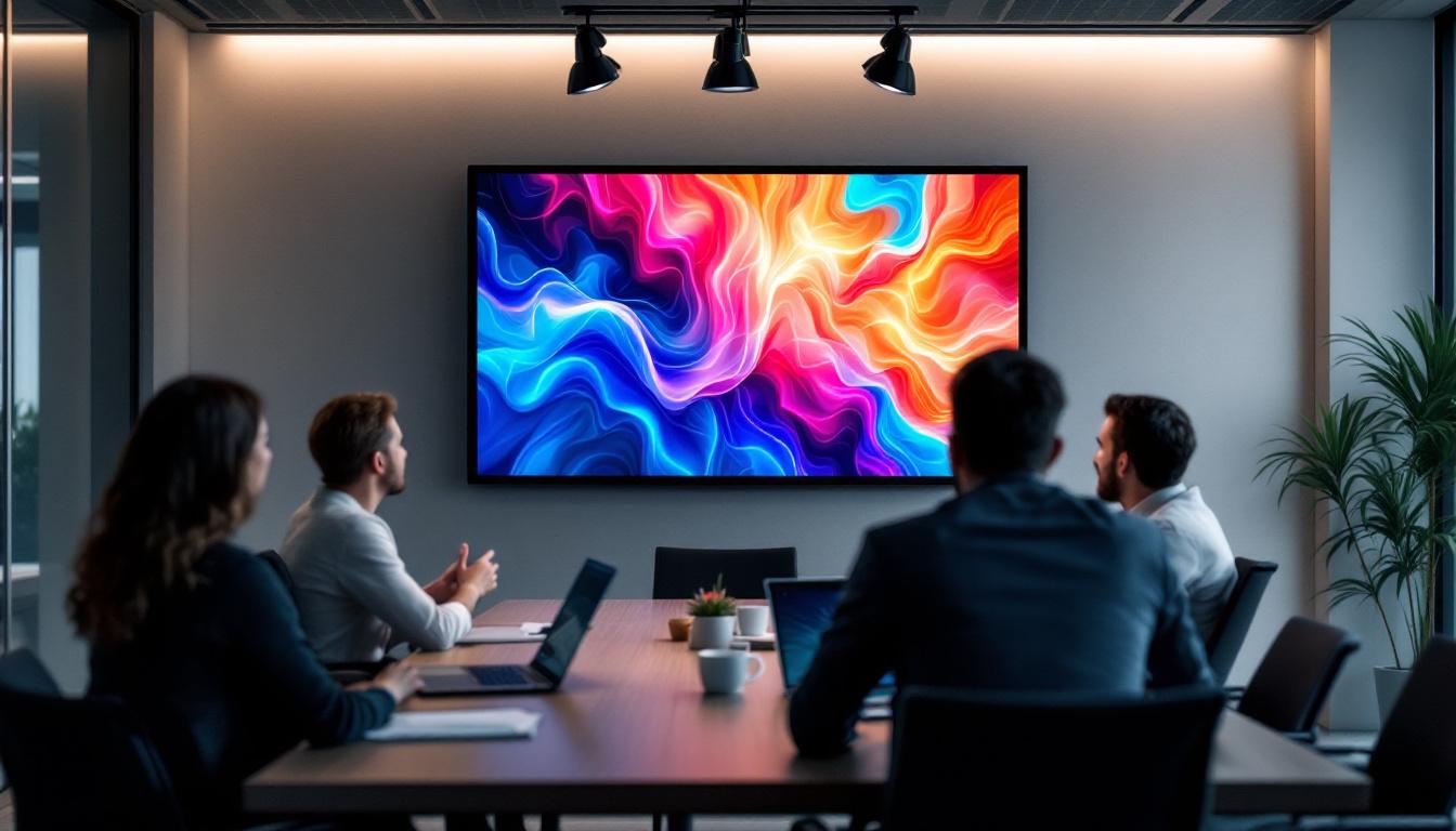 A photograph of a modern conference room featuring a sleek led display in action