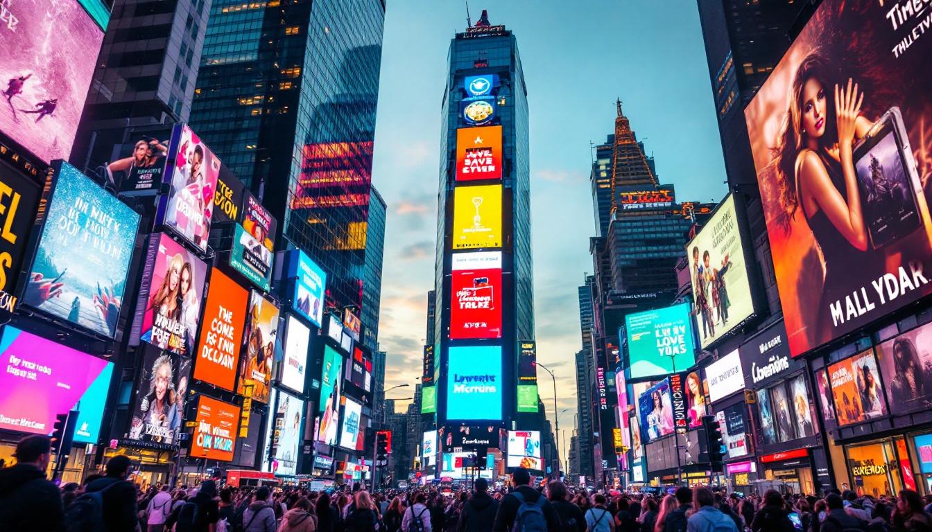 A photograph of capture a photograph of the vibrant times square led displays at dusk