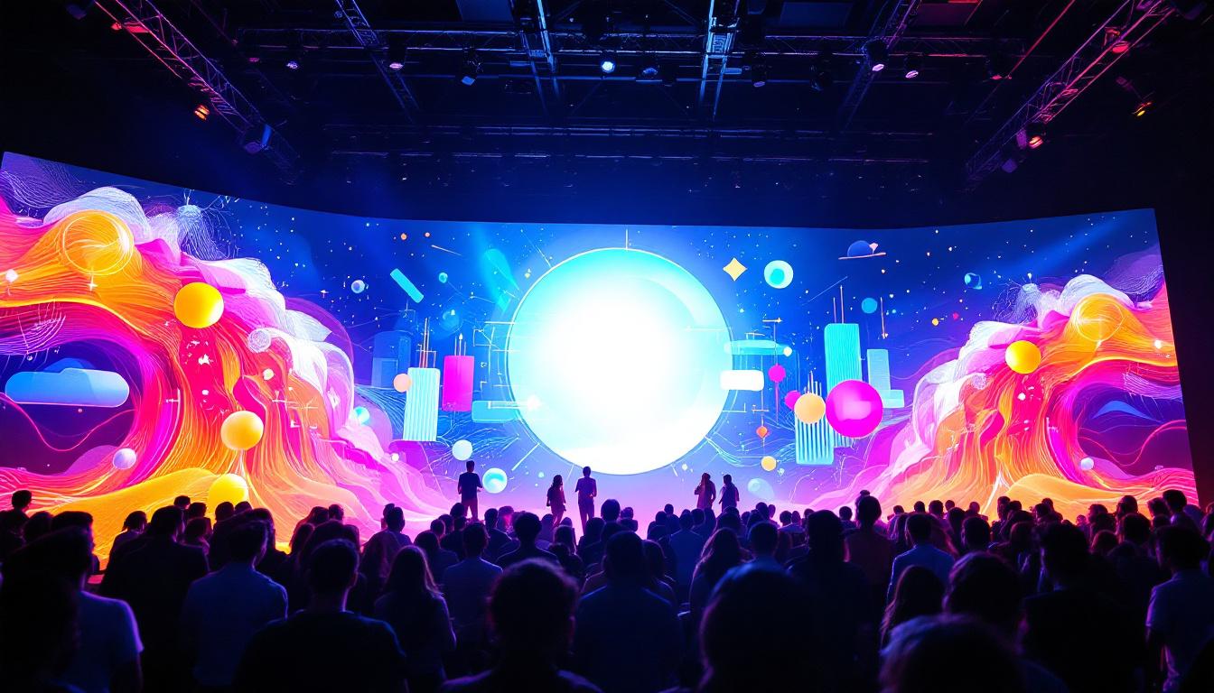 A photograph of a vibrant media wall featuring a large led display in an event setting
