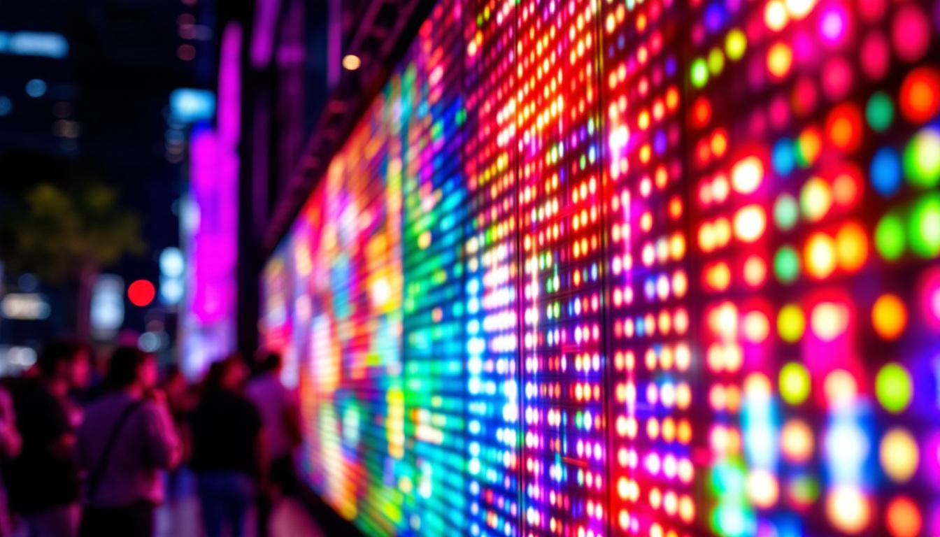 A photograph of a vibrant led display showcasing dynamic colors and patterns