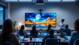 A photograph of a modern classroom setting featuring an led display in use