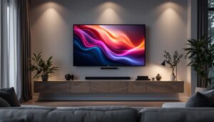 A photograph of a stylish living room featuring a 75-inch led tv mounted on the wall