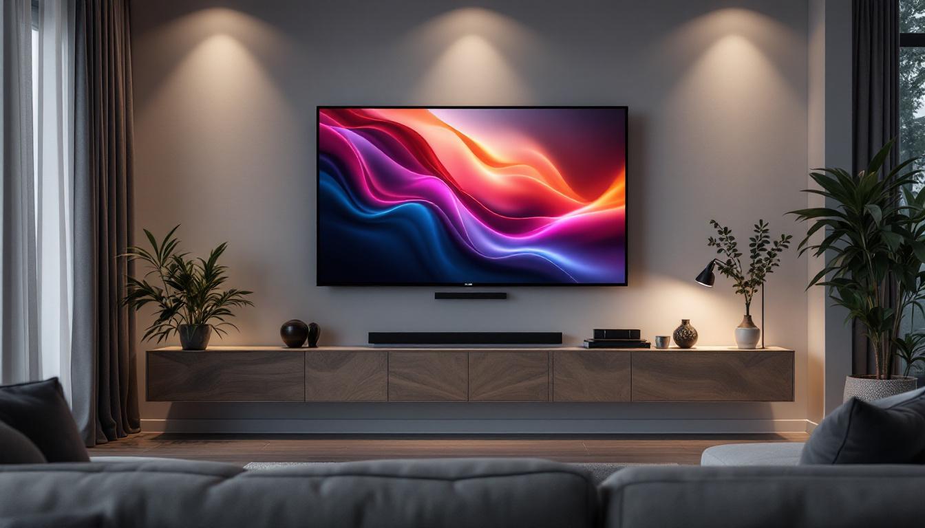 A photograph of a stylish living room featuring a 75-inch led tv mounted on the wall