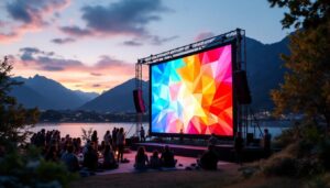A photograph of a large outdoor projector screen set up in a scenic outdoor environment
