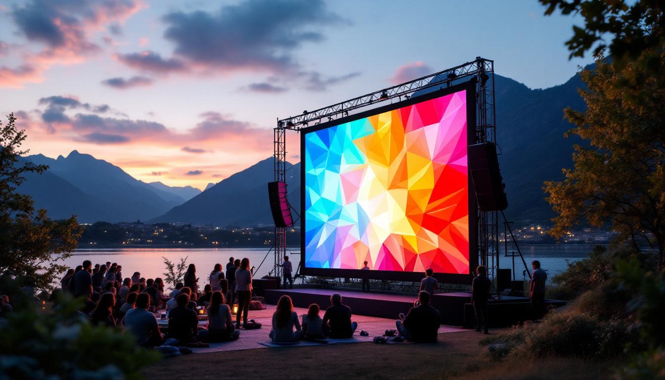 A photograph of a large outdoor projector screen set up in a scenic outdoor environment