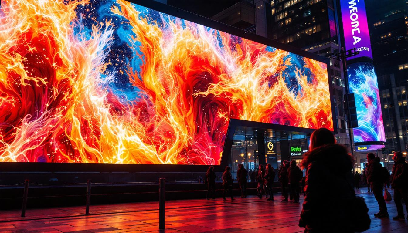 A photograph of a vibrant led display showcasing a visually striking image or video