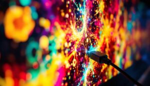A photograph of a close-up shot of a modern led display showcasing vibrant colors and high-resolution graphics