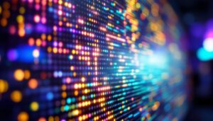 A photograph of a close-up view of a vibrant microled display showcasing intricate pixel details and vivid colors