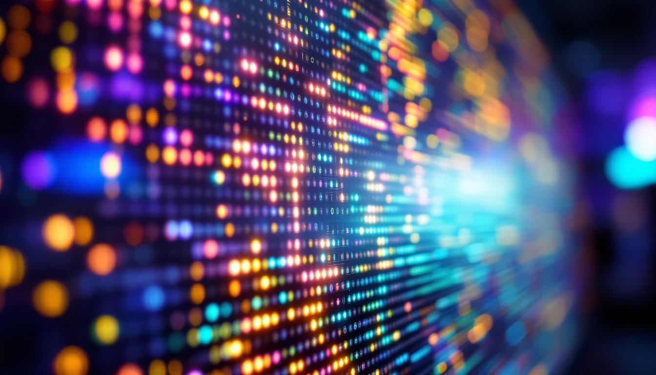 A photograph of a close-up view of a vibrant microled display showcasing intricate pixel details and vivid colors