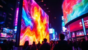 A photograph of a vibrant led display in a dynamic urban setting