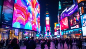 A photograph of a vibrant led display showcasing dynamic colors and patterns in a bustling urban environment