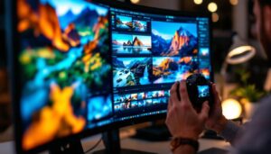 A photograph of a photographer intently editing images on a high-resolution led display