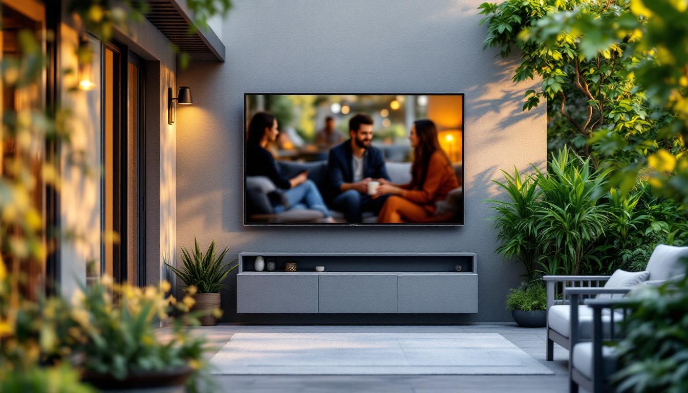 A photograph of a vibrant outdoor setting featuring a used led outdoor tv mounted on a patio wall or stand