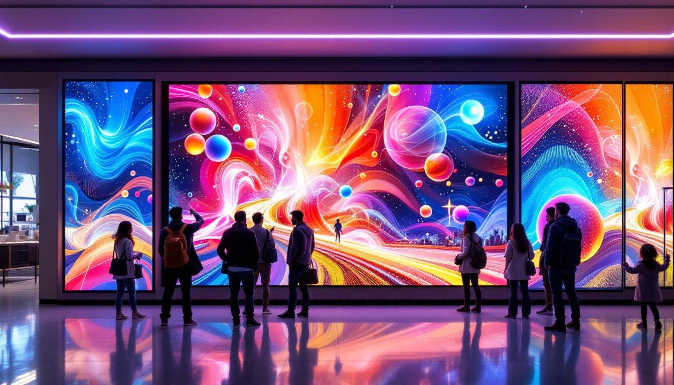 A photograph of a vibrant and engaging department store display wall featuring a high-resolution led screen showcasing dynamic visuals and promotional content