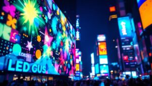 A photograph of a vibrant led display in a bustling urban setting at night
