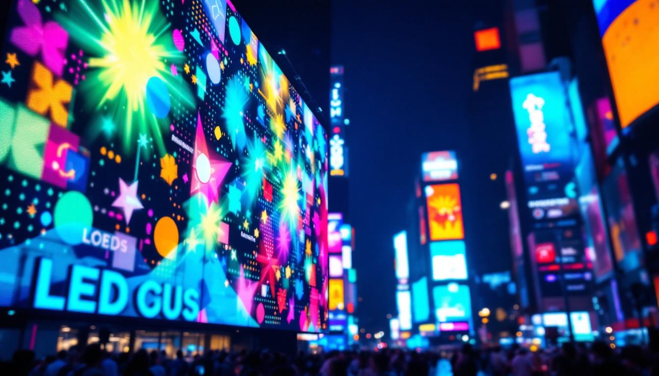 A photograph of a vibrant led display in a bustling urban setting at night