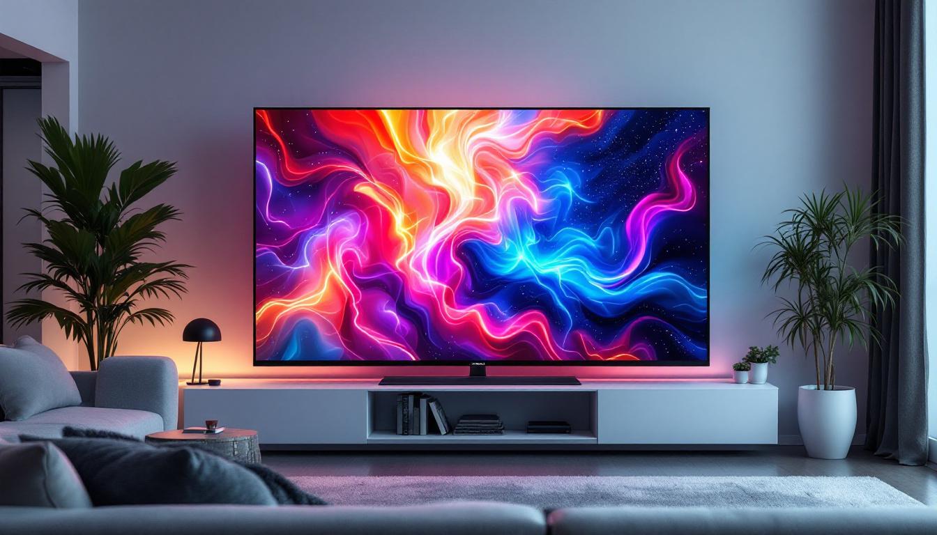 A photograph of a sleek 50-inch plasma tv displaying vibrant led visuals in a modern living room setting