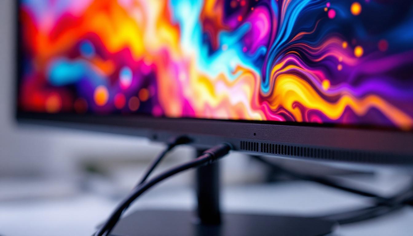 A photograph of a sleek led monitor displaying vibrant visuals through its av input connection