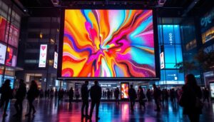 A photograph of a vibrant led display in a dynamic urban setting