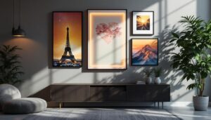 A photograph of a stylishly arranged multi-frame wall art display featuring led elements