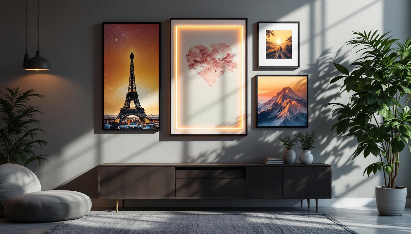 A photograph of a stylishly arranged multi-frame wall art display featuring led elements
