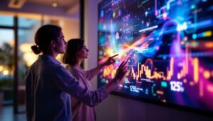 A photograph of a vibrant projector touch screen in action