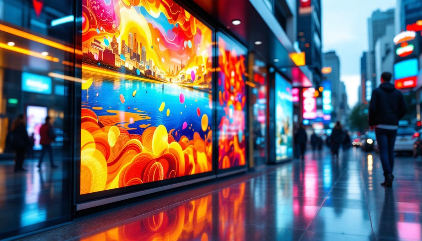 A photograph of a vibrant led digital signage display in a dynamic urban setting