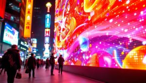 A photograph of a vibrant led display in a bustling urban environment