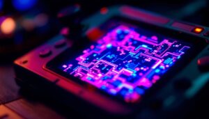 A photograph of a close-up shot of an lcd game device displaying vibrant graphics on its led screen