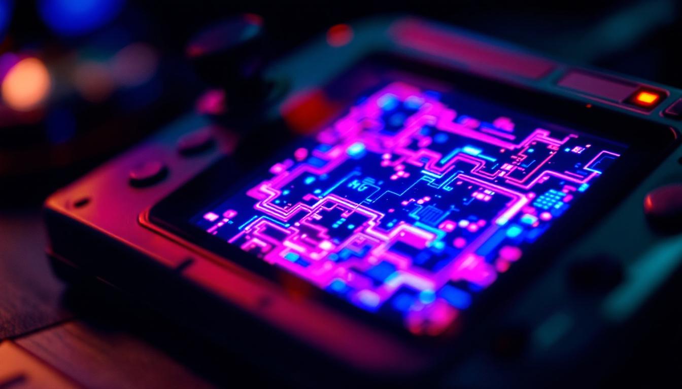 A photograph of a close-up shot of an lcd game device displaying vibrant graphics on its led screen