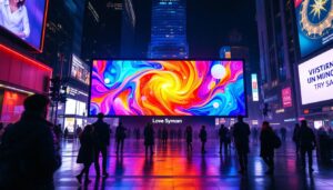 A photograph of a vibrant led display in a bustling urban setting