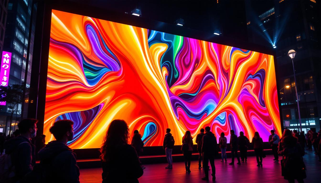 A photograph of a vibrant led display in an urban setting