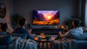 A photograph of a cozy living room setting featuring a 55-inch led tv