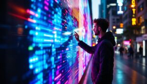 A photograph of capture a photograph of a vibrant led display in an urban setting