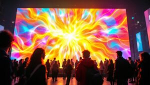 A photograph of a vibrant led display in a dynamic urban setting