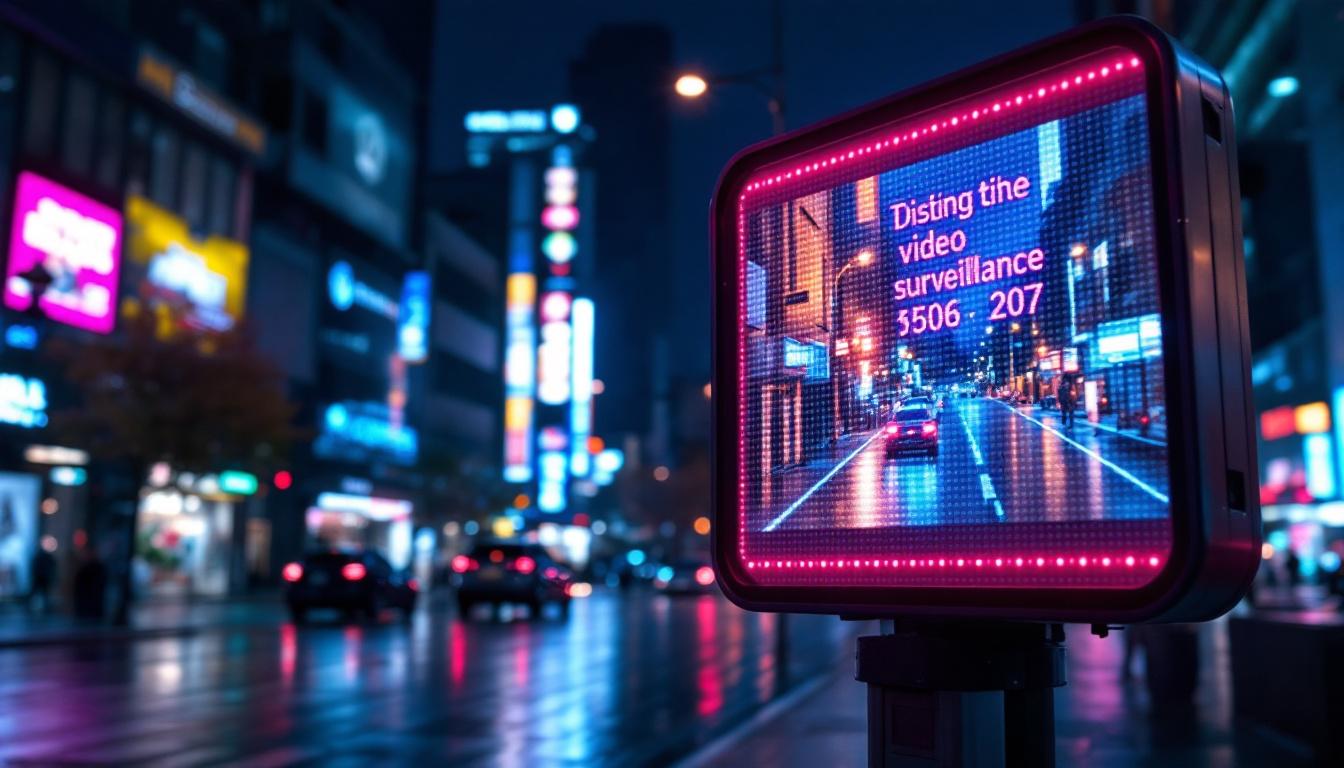 A photograph of a clearly visible led video surveillance sign in an urban setting