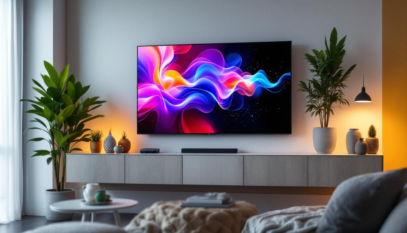 A photograph of a modern living room featuring a sleek touch screen tv with an led display